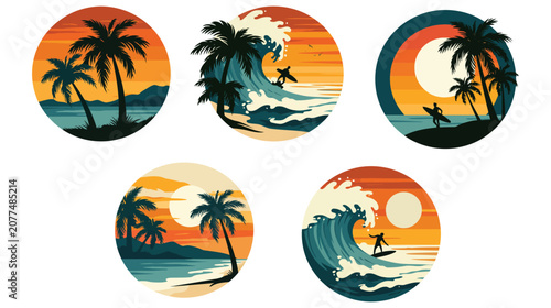 Surfing vector icon set with tropical sun and wave graphics