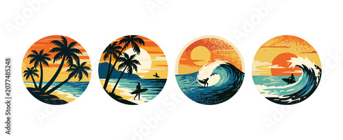 Surfing vector emblem design for tropical ocean beach waves