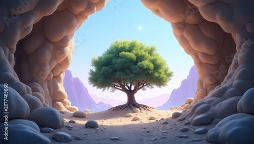 Lush green tree standing in rocky canyon with soft sunlight and serene mood