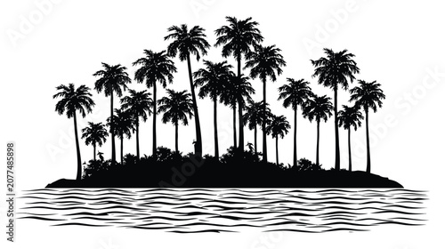 Island vector silhouette featuring thick tropical palm forest