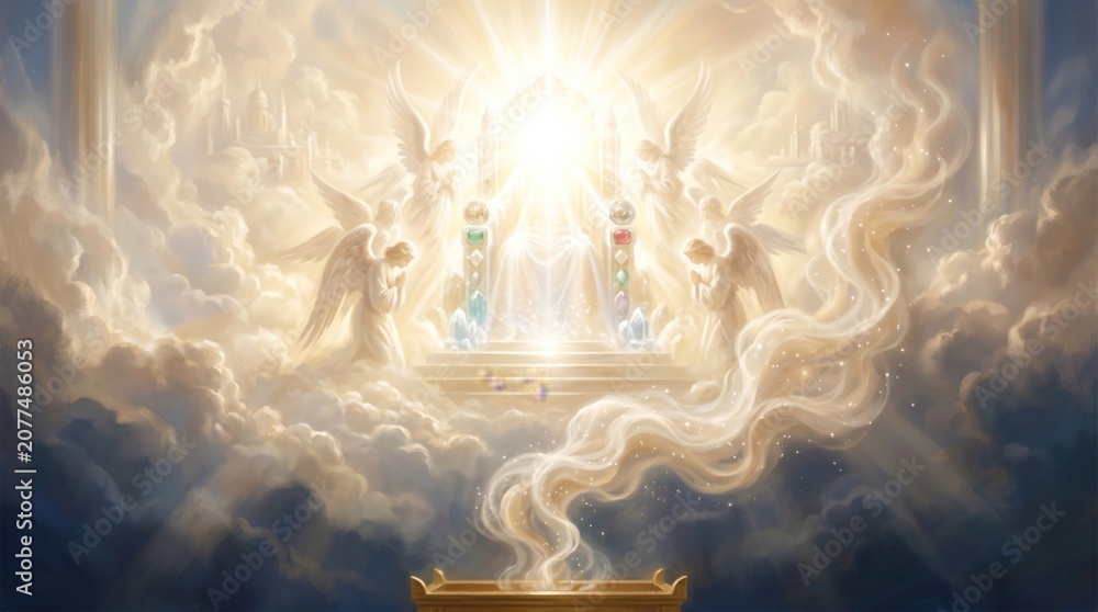 Fototapeta premium Angel circling golden throne in heaven. Winged celestial being worshiping divine light among white cloud. Religious spiritual scene for Bible illustration and Christian worship concept.