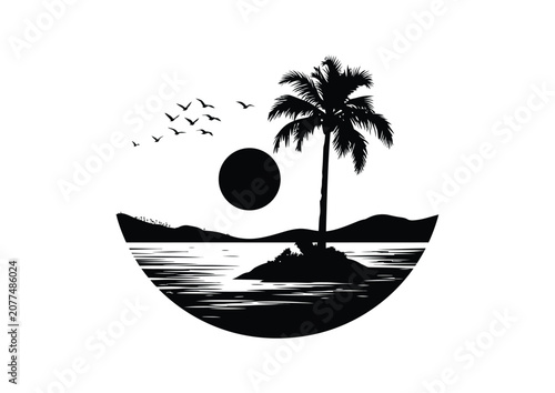 Palm vector silhouette of tropical island sunset landscape