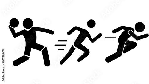 Photos Three stick figures in motion engaged in tug-of-war with rope