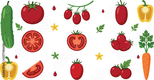 Fresh Vegetables Vector Flat Icon Set Featuring Tomato Slices, Cucumber, Bell Peppers, and Carrot for Healthy Cooking Designs