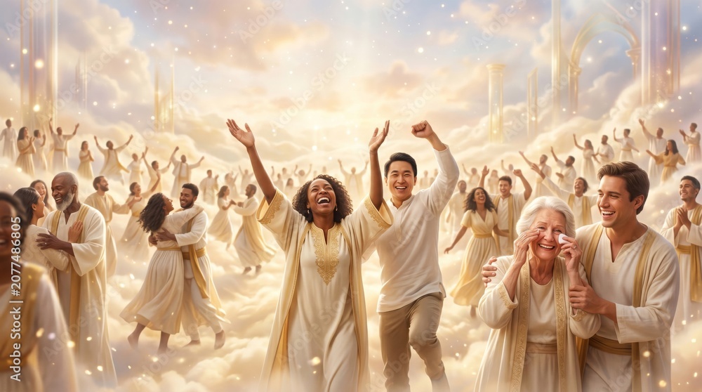 Fototapeta premium Diverse group of happy woman and man celebrating in heaven. Radiant angels in white golden robes dancing on glowing clouds. Spiritual afterlife concept, divine peace, eternal joy, faith.