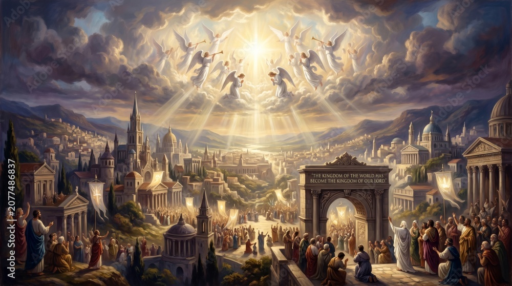 Fototapeta premium Angelic beings descending from heaven over a divine city with people worshiping. Biblical scene depicting the kingdom of god and afterlife. Spiritual illustration for religious concept.