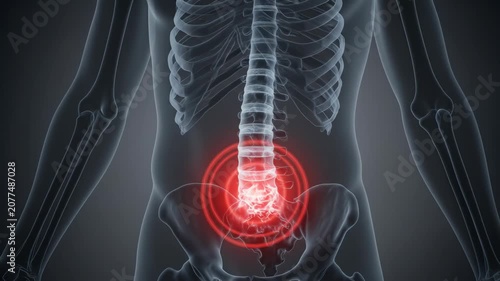 Elderly woman affliction: spinal discomfort, back ache, osteoporosis diagnose, bone fragility, vertebra compress, medical, body pain, human skeleton.