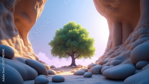 Silhouette of Hands Framing a Solitary Tree in Rocky Canyon at Sunset