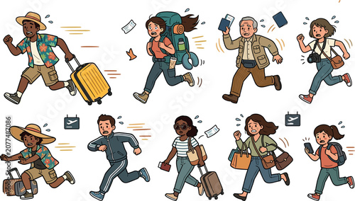 Hurrying Travelers Vector Illustration Set Featuring Tourist Characters Running with Luggage, Suitcases, and Backpacks for Flight Deadline Concepts