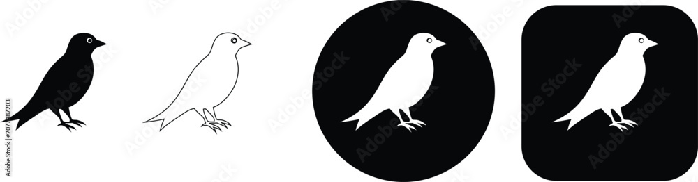 Obraz premium Four black and white bird featuring a small bird with an eye, presented as silhouettes, outlines, and button