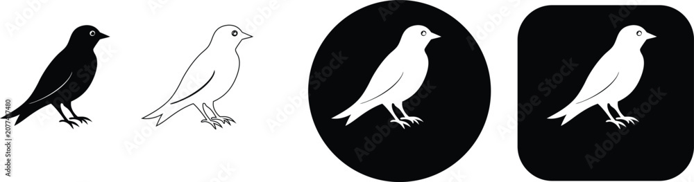 Fototapeta premium Four black and white bird featuring a small bird with an eye, presented as silhouettes, outlines, and button