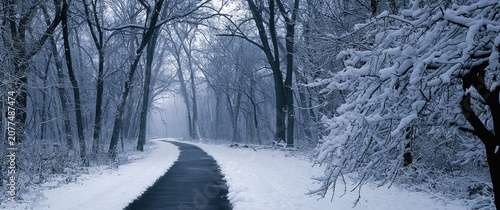 A curved path through snow-covered woods on a misty winter day