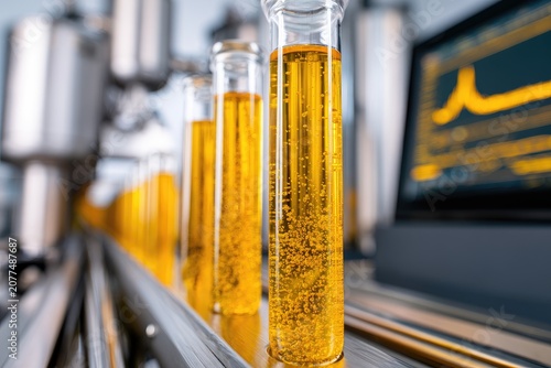 Row of test tubes filled with golden liquid on a conveyor, with screen