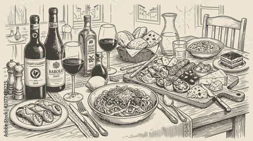 Vintage engraving of a table with food and wine.