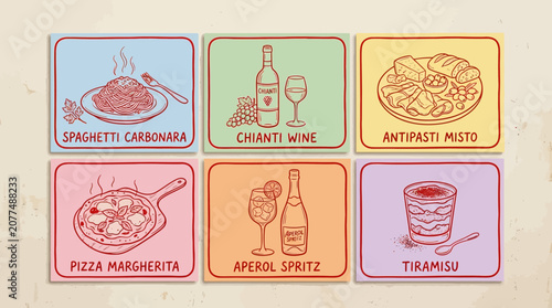Vintage colorful Italian food menu labels