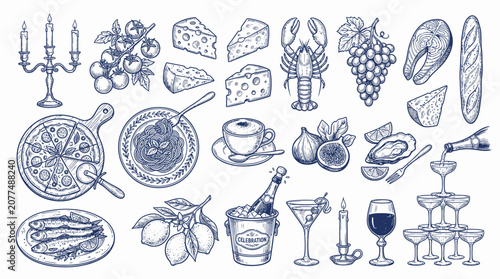 Vintage Mediterranean food and wine elements.