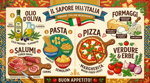 Vintage style Italian food and ingredients graphic poster.