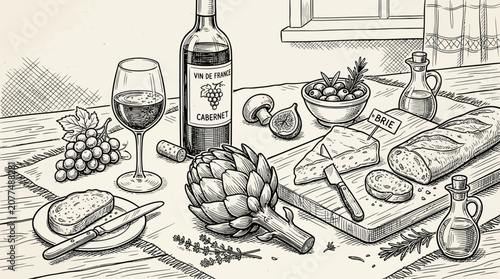 Vintage ink drawing of wine bread and artichoke table