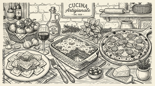 Vintage sketch of Italian kitchen with pizza and lasagna.