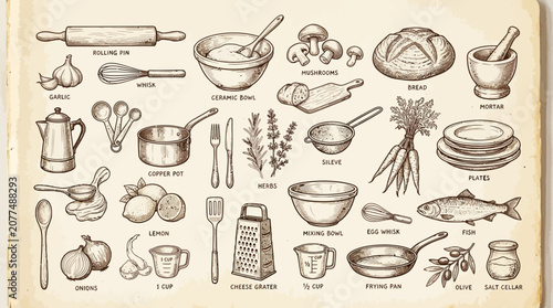 Vintage sepia sketches of culinary tools and food ingredients