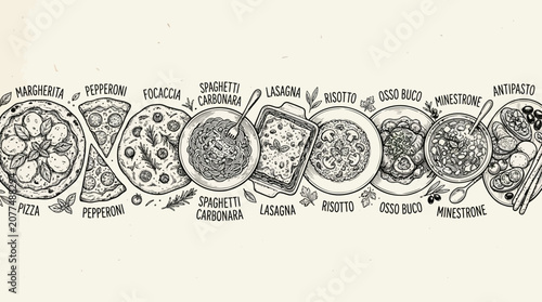 Vintage style Italian pizza and pasta dish sketches.