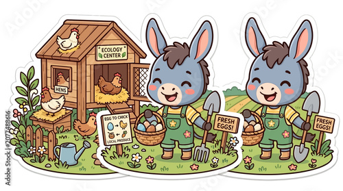 Konstfotografi Cute cartoon donkeys with fresh eggs on a farm, chickens and coop, fields backgr