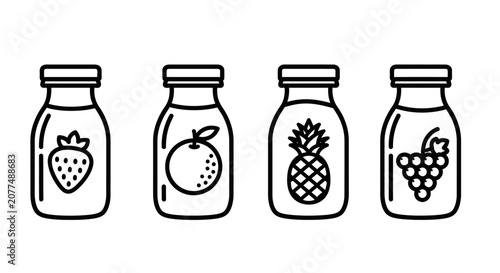 Bild auf Leinwand Assorted Fruit Juice Bottles Icons: Strawberry, Orange, Pineapple, Grape