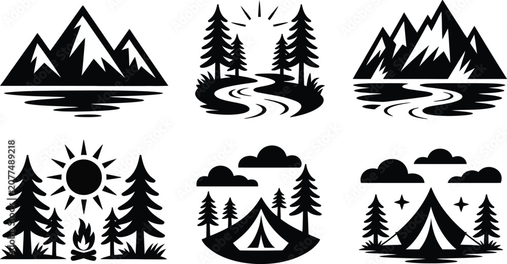 Fototapeta premium Outdoor wilderness camping silhouettes with mountains, rivers, pine trees, tents, campfire, sunrise, sunset, and starry night vector illustration