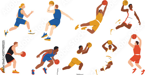 Foto Basketball players character vector set with athletes running dribbling jumping
