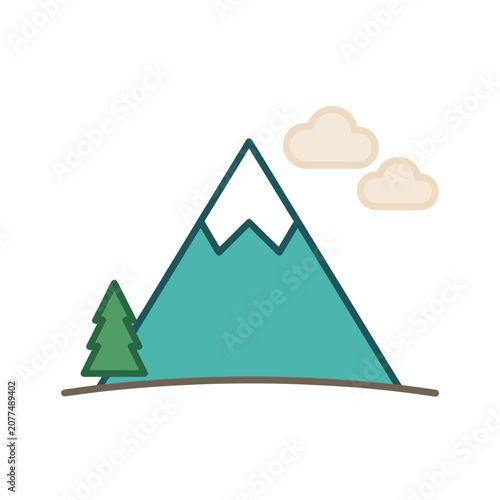 Flat illustration of mountain landscape with pine tree and clouds