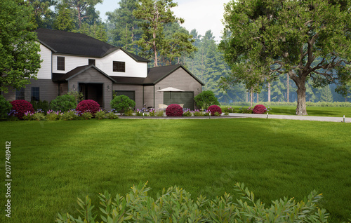 Modern two-story country house with a large green lawn and pine forest