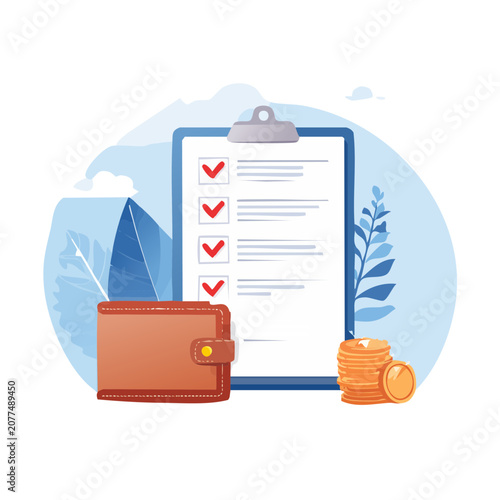 Flat vector illustration of clipboard with checklist, wallet and coins