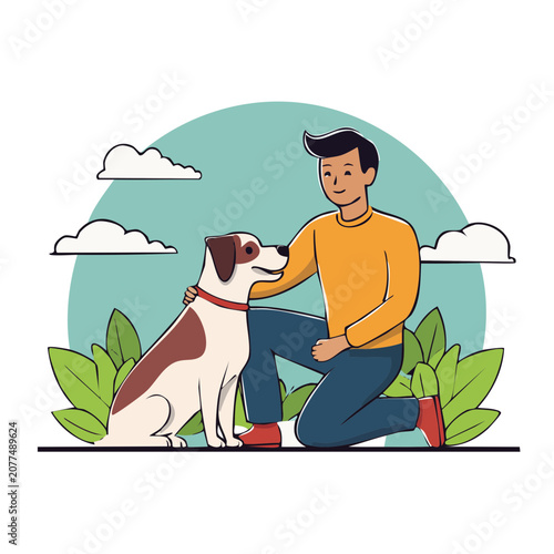 Man with dog in flat illustration style