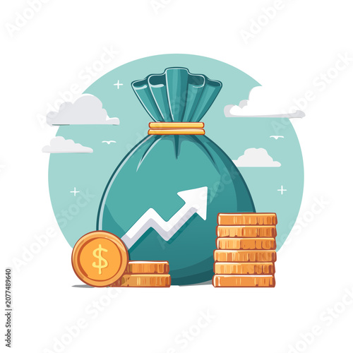 Money bag with coins and growth chart vector illustration