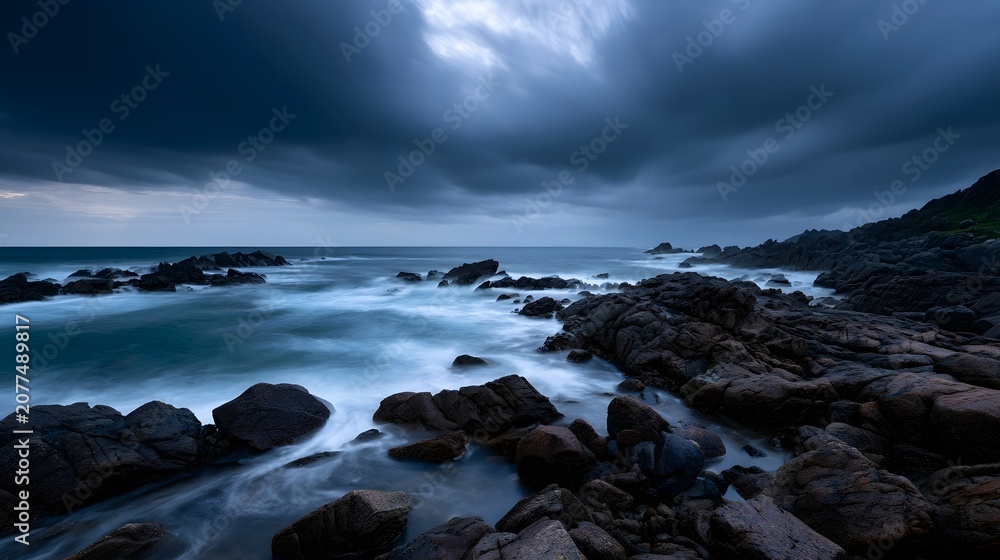 Fototapeta premium A calm rocky shoreline is viewed beneath dramatic swirling storm clouds creating a powerful and lasting natural impression