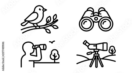 Obraz na płótnie Birdwatching Icons: Bird on Branch, Binoculars, Person with Binoculars, Telescop
