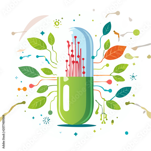 Test tube with plants and molecules, flat vector illustration