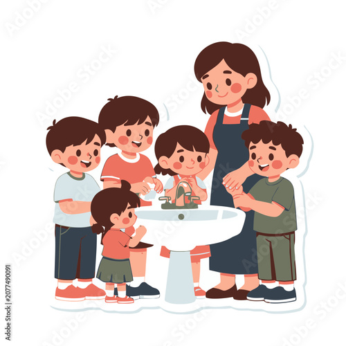 Cartoon children washing hands at a sink