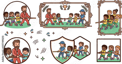 Tug of War Game Badge Vector Collection Featuring Children, Sports Coaches, Ornamental Frames, and School Field Day Team Competition Designs