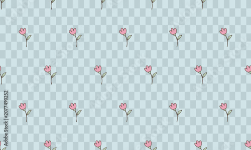 Cute seamless pattern of small pink tulips on grid background with seamless