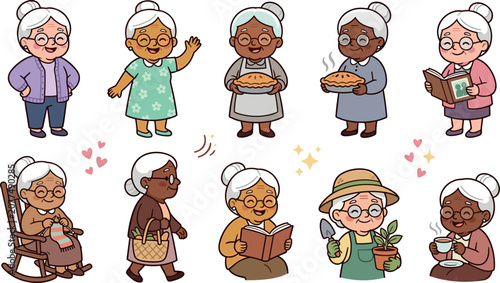 Cute Grandmother Cartoon Character Vector Set Featuring Elderly Women Baking, Gardening, Reading, Knitting, and Rocking Chair Hobby Illustrations