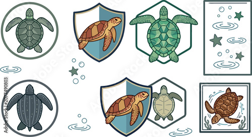 Sea Turtle Emblem and Badge Vector Collection Featuring Marine Tortoise Icons, Shields, and Wildlife Conservation Branding Elements