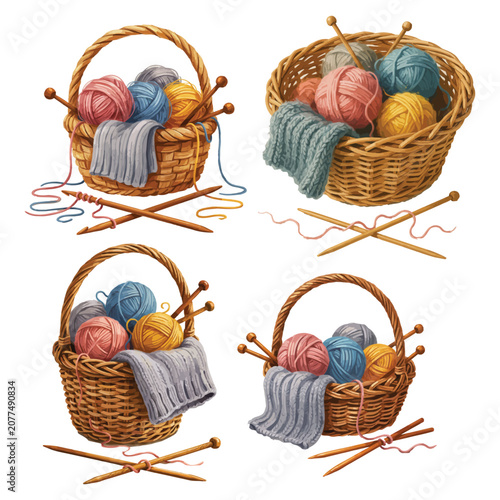Handmade Knitting and Crochet Accessories Collection Featuring Yarn Balls Wicker Baskets and Wooden Needles