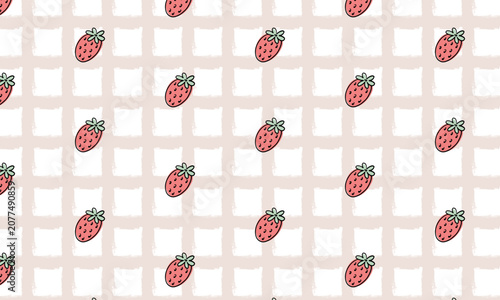 Seamless pattern of sweet little strawberries on plaid background with seamless