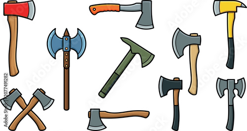 Axe Vector Illustration Set Featuring Woodcutting, Firefighting, Tactical, and Medieval Battle Axes for Construction and Survival Designs