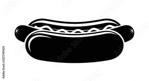 Black and white hot dog illustration with mustard in bun on white background