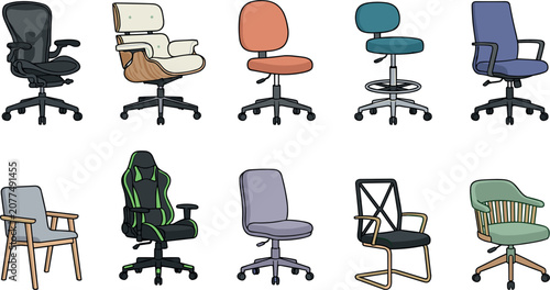 Office Chair Vector Illustration Set Featuring Ergonomic, Gaming, Executive, and Modern Desk Furniture Icons for Workplace Interior Designs