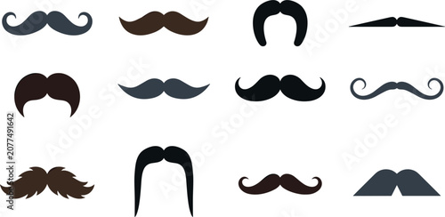 Vintage Mustache Vector Icon Set Featuring Various Facial Hair Styles for Barbershops, Movember, and Gentleman Retro Designs