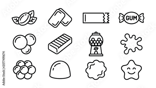 Foto Black and white line drawing icons of various sweet treats and candies on white