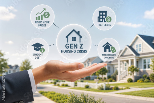 Gen Z housing crisis concept business person hand presenting rising home prices high rents student debt affordability concerns in suburban neighborhood symbolic icons and infographic